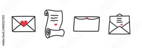 Set of vector postal envelopes with hearts drawn with a marker