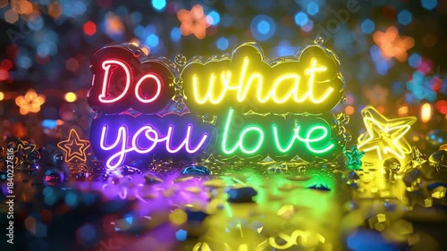 Do what you love, shimmering multicolor text for themes of motivation, inspiration, creativity, and personal growth