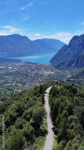 Drone shot revealing beautiful landscapes of Italy in Riva del Garda.