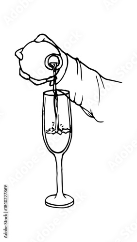 Hand pouring champagne or wine from a bottle into a tall flute glass. Simple line art