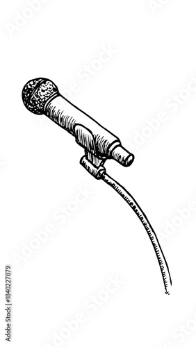 sketch of a dynamic microphone on a stand with a cable. Vintage line art