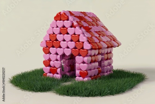 3D model of toy house made from heart-shaped bricks on green grass. Perfect for children's app design, educational toy packaging, interactive book illustrations, playful brand mascots.