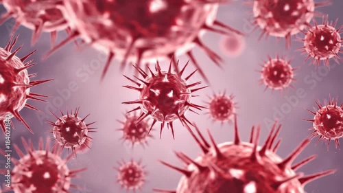 Microscopic 3D Rendering of Red Coronavirus Cells Floating in Organic Environment