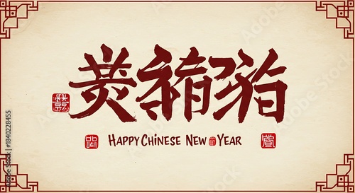 Happy Chinese New Year of the Pig Calligraphy Greeting Card.