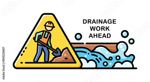 Warning Sign Illustrates Drainage Work Ahead Notice Concept With Iconographic Design