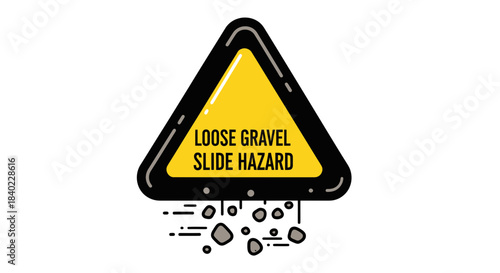 Warning Sign Illustrates Loose Gravel and Slide Hazard on Road Surface for Drivers