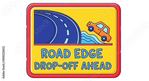 Warning Sign Illustrates Road Edge Drop-Off, Safety Symbol on A Yellow Background