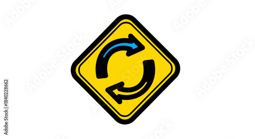 Warning Sign Illustrates Rotary Or Roundabout Symbol For Traffic And Navigation