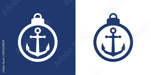 Tiempo de Navidad. Logo con silueta de bola de navidad con ancla de barco para tarjetas y felicitaciones