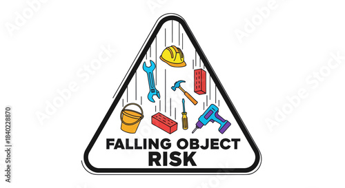 Warning Sign Illustrating Falling Object Risk With Construction Tools And Equipment