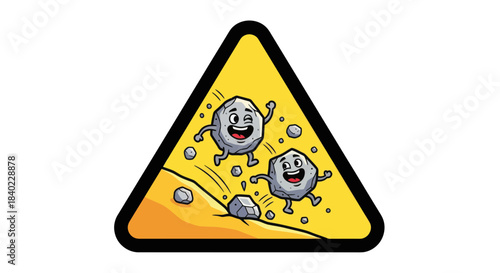 Warning Sign Illustrating Falling Rocks Cartoon Graphic Design On Yellow Triangular Area