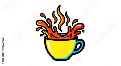 Vibrant Illustrated Cup Of Hot Beverage Splashing With Bold, Graphic, Artistic Styling