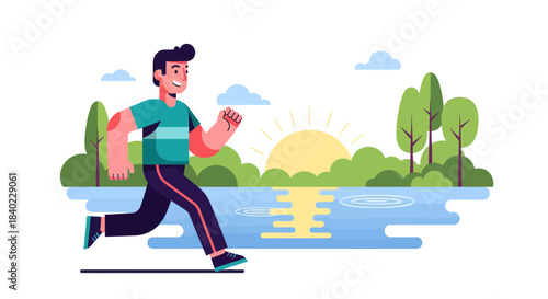 Vibrant Illustrated Runner Enjoying Morning Jog Near Tranquil Lake for Wellness and Fitness