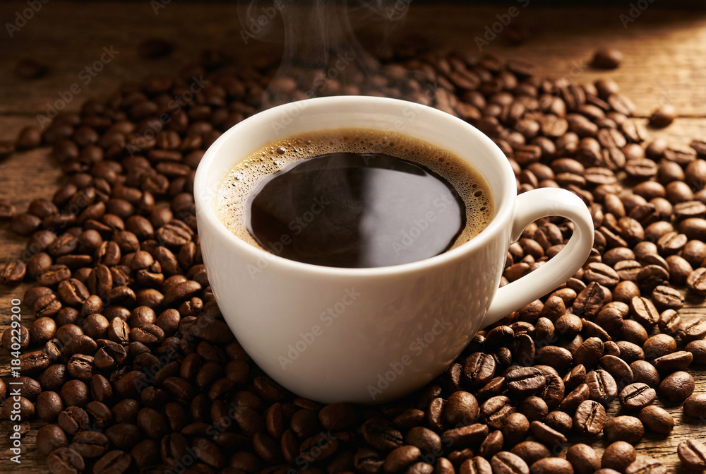 Fototapeta premium Steaming black coffee in white cup on roasted beans, hot espresso breakfast drink, cafe, caffeine and energy concept.