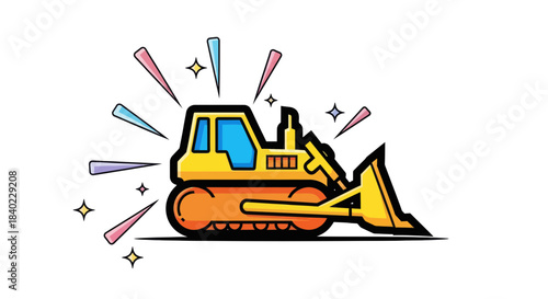 Vibrant Yellow Bulldozer Illustration Featuring Artistic Lines and Starbursts on White