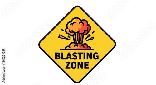 Warning Sign Indicating a Blasting Zone Depicting an Explosive Orange Cloud