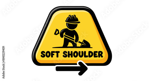 Warning Sign Indicating a Soft Shoulder Ahead With Illustration of Construction Worker