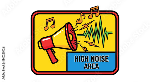 Warning: High Decibel Sound Zone, Illustrated With Megaphone, Musical Notes and Graphics