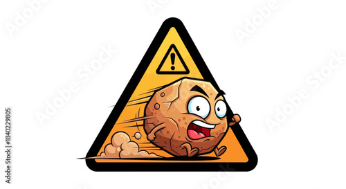 Warning Sign Featuring a Runaway Boulder Cartoon Character in a Humorous Illustration