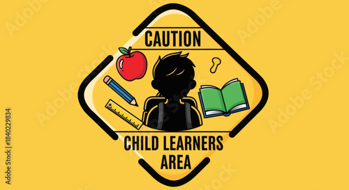 Warning Sign for Child Education Zone in a School With School Supplies and Student