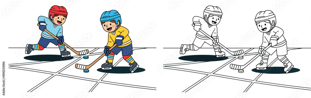 Obraz premium A vector image of two contented cartoon youngsters engaged in an ice hockey competition Adorable young skaters with sticks and a puck in outline and color for a coloring book