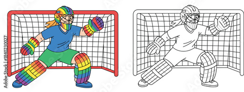 A vector illustration of a cartoon female hockey goalie wearing rainbow gear For a coloring book a girl goalie is shown standing at the net in both color and outline