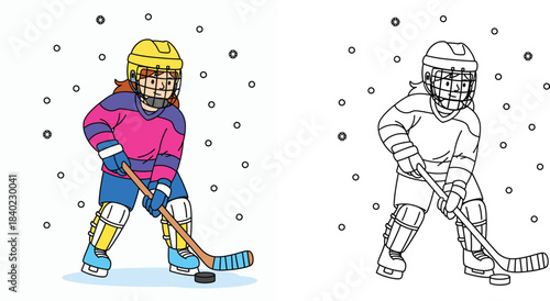 A vector illustration of a cartoon girl playing ice hockey Adorable young girl skating in a uniform with a puck and stick Isolated on a white background is a black and white coloring book outline