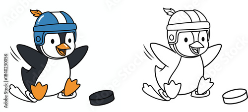 A vector illustration of a cute cartoon penguin playing ice hockey. For a coloring book a happy animal skater wearing a helmet and a puck in outline and color