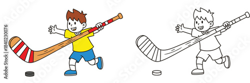 A vector image of a cute cartoon boy using a stick and puck to play hockey For a coloring book a joyful young athlete is running in both color and outline