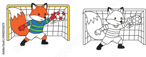 A vector image of a cute cartoon fox goalkeeper collecting a soccer ball In color and outline style for a coloring book a joyful animal player stands at a net