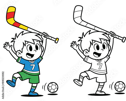 A vector image of a happy cartoon boy engaging in sports with a hockey stick and ball Adorable young athlete applauding in a coloring book with an outline