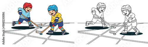 A vector image of two contented cartoon youngsters engaged in an ice hockey competition Adorable young skaters with sticks and a puck in outline and color for a coloring book
