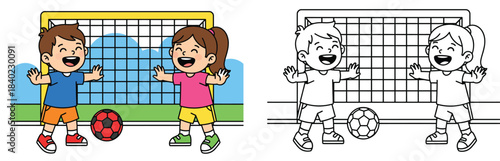 A vector image of happy cartoon children playing soccer in front of a goal net For a coloring book there is a cute boy and girl goalkeeper with a colored ball and outline
