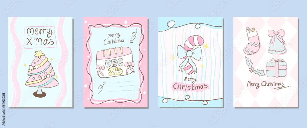 Fototapeta premium A collection of four charming Christmas cards with delightful illustrations and festive themes, each showcasing different elements of the holiday season, Pastel Christmas card design No red and green