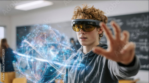 Student using augmented reality headset interacting with holographic 3D molecular structure in modern classroom for immersive educational technology learning