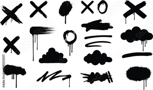 Abstract set of black graffiti grunge X marks clouds brush strokes and circle shapes with heavy paint drips