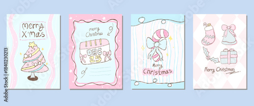 A collection of four charming Christmas cards with delightful illustrations and festive themes, each showcasing different elements of the holiday season, Pastel Christmas card design No red and green