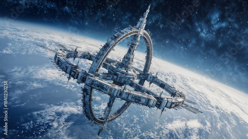 Massive orbital space station ring structure floating above Earth with starry cosmic background showing advanced futuristic satellite technology architecture