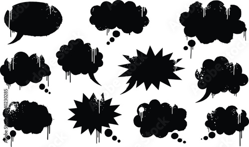 Collection of grungy graffiti spray paint speech bubbles thought clouds and starburst comic dialogue boxes dripping paint