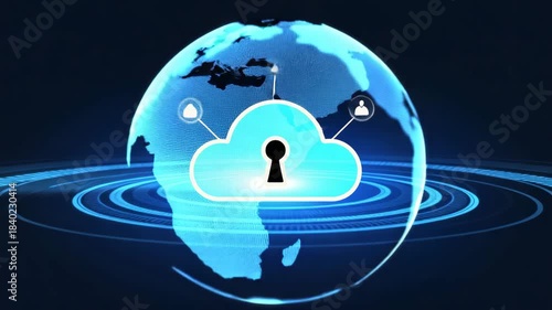 Blue Digital Earth Globe with Secure Cloud Computing Lock Icon and Network Connections