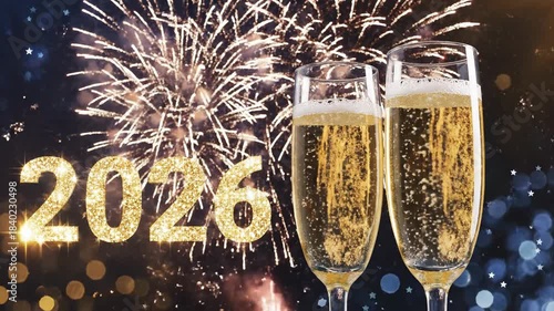 Champagne glasses toasting new year celebration with fireworks