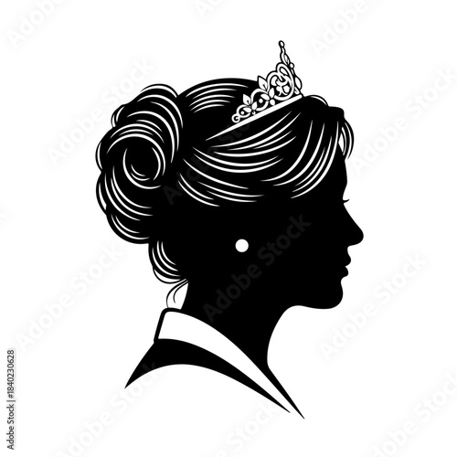 Elegant black silhouette of a woman's head in profile with an elaborate updo and a sparkling tiara.
