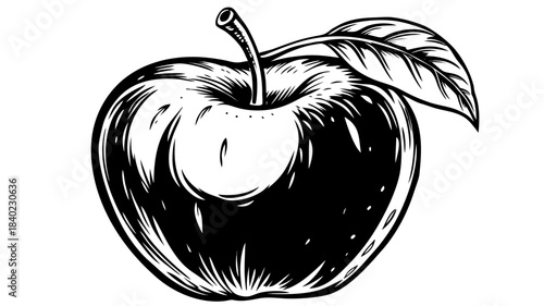 A bright, glossy apple with a fresh leaf stands against a pure white surface, emphasizing clean form, vibrant color, and crisp natural texture for versatile design use.
