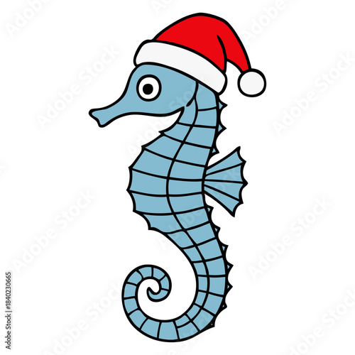Dibujo sencillo con líneas de caballo de mar simpático con sombrero de Santa Claus para tarjetas y felicitaciones de Navidad