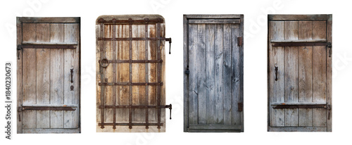 Old wooden closed door isolated on white background.