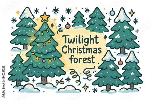 Twilight Christmas Forest. Twilight Christmas forest. Hand-drawn doodle illustration of Twilight Christmas