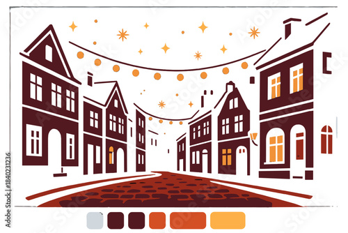 Festive Old Town. Old town with festive lights. Cobblestone streets lined with historic buildings, warm