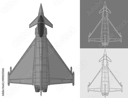 Set eurofighter typhoon military aircraft design in blueprint, lineart and colored style from top view. Vector illustrations colorful fourth gen fighter jet. Multinational 4.5 generation warplane.