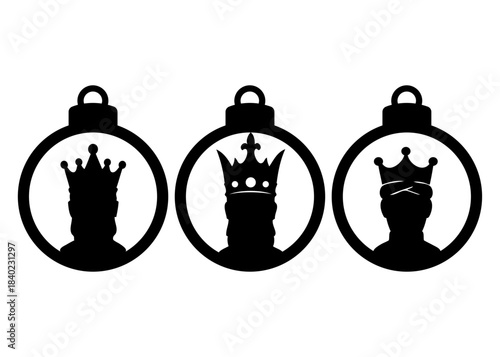 Tiempo de Navidad. Logo con silueta de bola de navidad con cabezas de los de los tres Reyes Magos con coronas para tarjetas y felicitaciones
