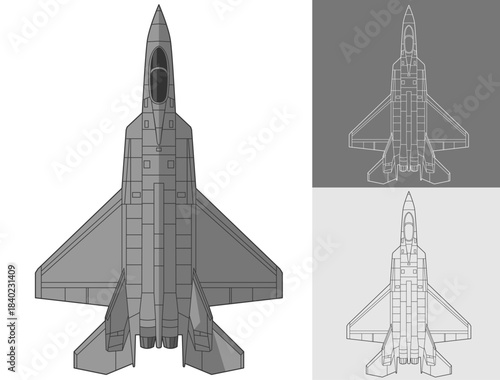Set KAI KF 21 Boramae military aircraft design in blueprint, lineart and colored style from top view. Vector illustrations colorful fourth gen fighter jet. South korea 4.5 generation warplane.